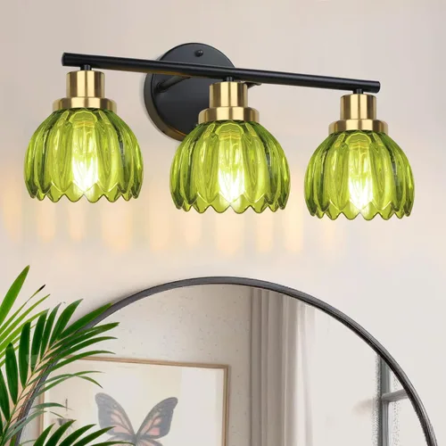 Miniatura 8 de Ldeco Luces de tocador de 3 luces para baño, lámpara de baño negra y dorada con pantalla de vidrio transparente de burbujas, luces modernas
