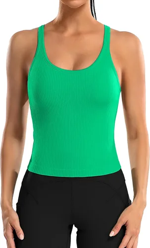 Miniatura 170 de ATTRACO Camiseta corta acanalada de entrenamiento para mujer con brasier integrado para yoga, espalda cruzada, ajuste ajustado