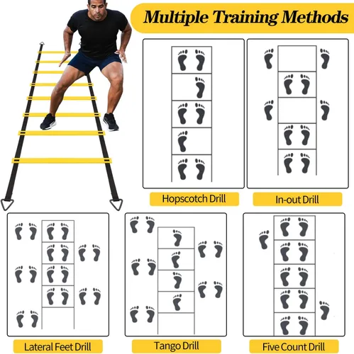 Miniatura 4 de Juego de 1/2/4 escaleras, 12 peldaños de agilidad, escalera de entrenamiento con estacas de acero y bolsa de transporte para fútbol, entrenamiento 1