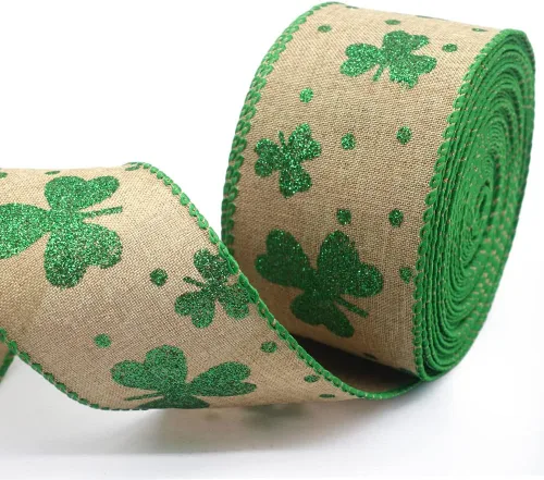 Miniatura 8 de Hying Cintas del día de San Patricio para envolver regalos, cintas blancas de arpillera con borde con alambre, adornos de trébol irlandés para lazos