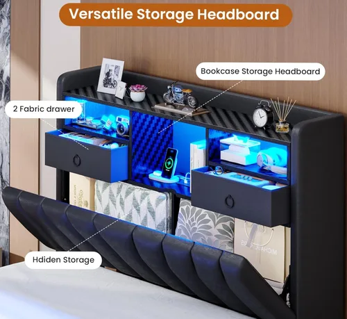 Miniatura 3 de DICTAC Estructuras de Cama Gemela con Cabecera de Almacenamiento y 2 Cajones Grandes, Cama Gaming con Luces RGB y Estación de Carga, Cama
