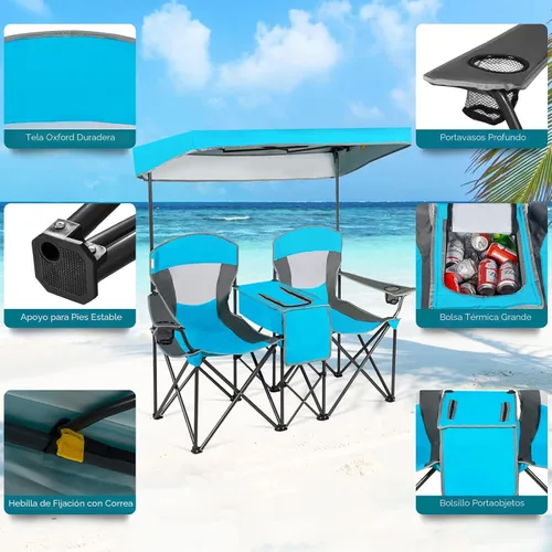 Miniatura 5 de Safstar Silla doble de campamento y playa plegable con toldo para sombra para 2 personas, con mesa pequeña para bebidas y bolsa de transporte