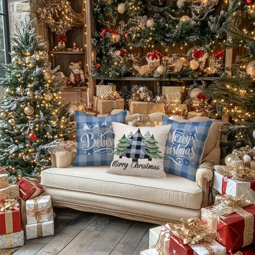 Miniatura 4 de GEEORY Fundas de Almohada Decorativas Feliz Navidad 16x16 Pulgadas Juego de 4, Árboles de Navidad Camión Cuadros Buffalo Azul Believe Estilo Granja