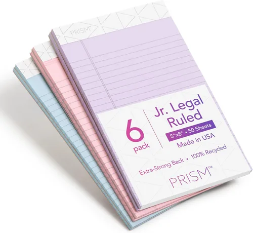 TOPS Bloc de notas legales de 5 x 8, paquete de 6, marca Prism, 2 rosa/2 azul/2 morado, rayas estrechas, 50 hojas por bloc de escritura, fabricado