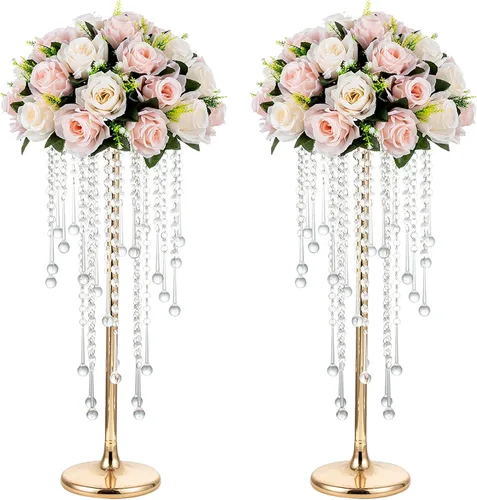 NUPTIO Centros de mesa de boda Jarrones dorados: 2 unidades de 21.7 pulgadas de alto Jarrón de flores de cristal Soporte de flores de metal para