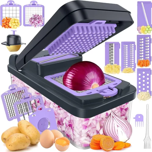 Miniatura 11 de SpaceHacks Picador de verduras 12 en 1, utensilios de cocina con 7 cuchillas, para verduras, alimentos, picador de cebolla, cortador de pepino, Verde