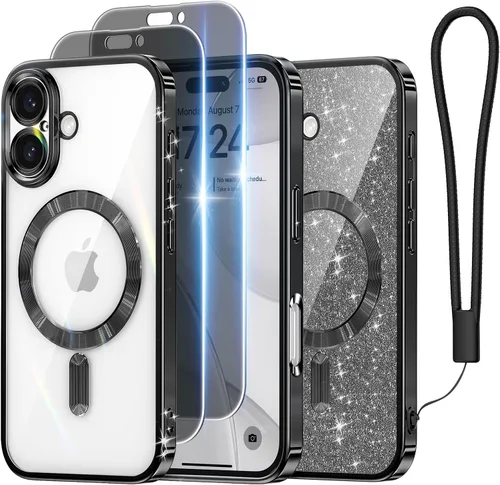Miniatura 16 de Meifigno Candy Mag Series - Funda diseñada para iPhone 15 Pro, compatible con MagSafe, tarjeta con purpurina y correa de muñeca, protección completa