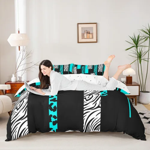 Miniatura 3 de Juego de ropa de cama con estampado de cebra de leopardo, tamaño Queen, para niños, color verde azulado, blanco, negro, juego de funda de edredón