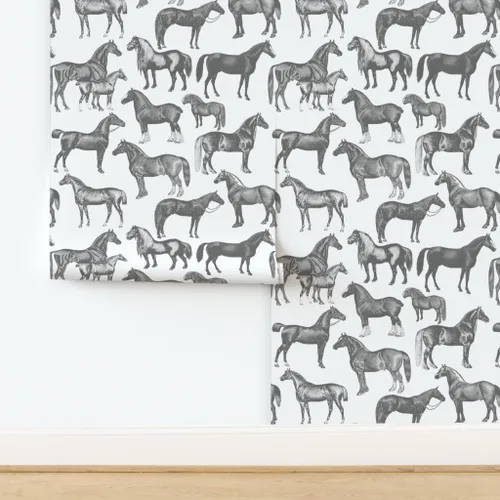 Miniatura 4 de Papel tapiz autoadhesivo de 6 x 2 pies – Caballos victorianos impresión grande blanco y negro estilo vintage Pony ecuestre personalizado extraíble