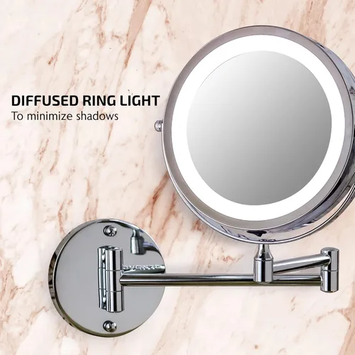 Miniatura 3 de Espejo de maquillaje iluminado OVENTE de 6.8" montado en pared, aumento 1X y 7X, LED doble cara ajustable y redonda, brazo extendible, retráctil