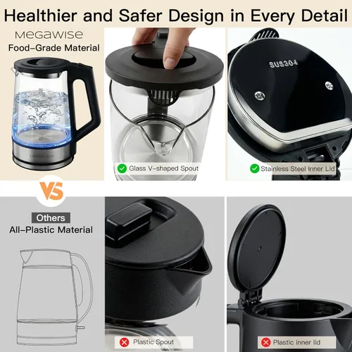 Miniatura 5 de Megawise Hervidor eléctrico de vidrio con apagado automático, sin BPA, tapa interior y base de acero inoxidable, indicador LED azul, fácil limpieza