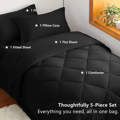 Miniatura 5 de CozyLux Juego de edredón tamaño individual con sábanas de color negro, 5 piezas, ropa de cama en una bolsa, para todas las estaciones, para niñas