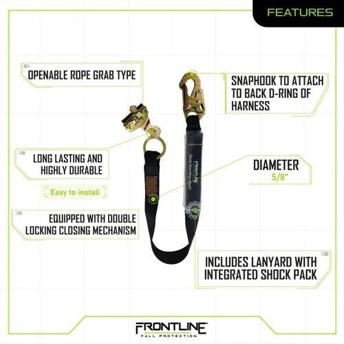 Miniatura 3 de FRONTLINE FALL PROTECTION RGSS58ES - Cuerda de agarre de 5/8 pulgadas con cordón de 3 pies Cumple con OSHA y ANSI Cordón de gancho a presión