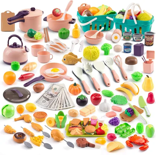 Miniatura 10 de 60 piezas de accesorios de cocina de juego para niños, juego de cocina de simulación con ollas y sartenes, vajilla y conjuntos de frutas y barbacoa
