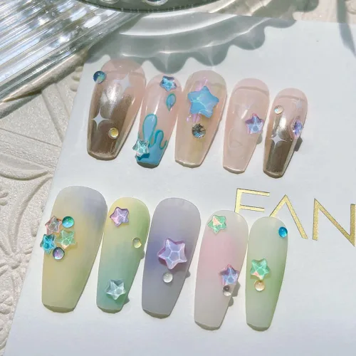 Miniatura 5 de 50 dijes de uñas Kawaii de estrella moca de 0.236 pulgadas para uñas, mini estrellas 3D, diamantes de imitación de uñas con parte trasera plana
