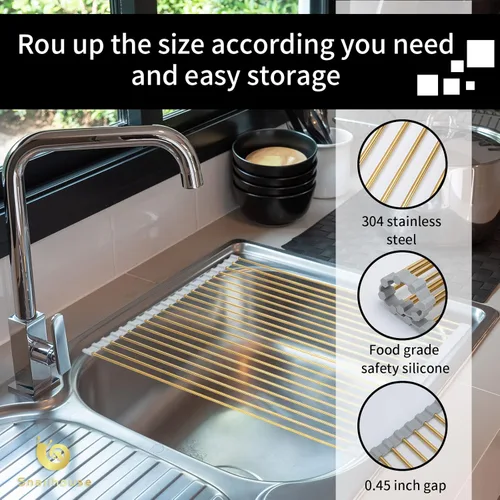 Miniatura 3 de Snailhouse Escurridor de platos enrollable, escurridor de platos de acero inoxidable sobre el fregadero con silicona antideslizante para encimera