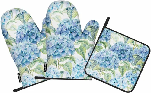 Juego de manoplas de horno y soportes para ollas de flores verde azulado, hortensias, naturaleza, primavera, verano, resistentes al calor, 3 piezas