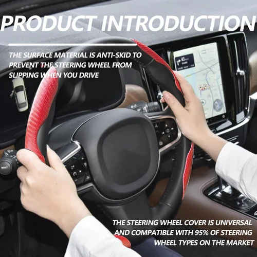 Miniatura 7 de 2 piezas Fundas de Volante de Fibra de Carbono de Ajuste Universal, Funda de Volante Antideslizante/Protector de Volante Segmentado/Accesorios Rojo
