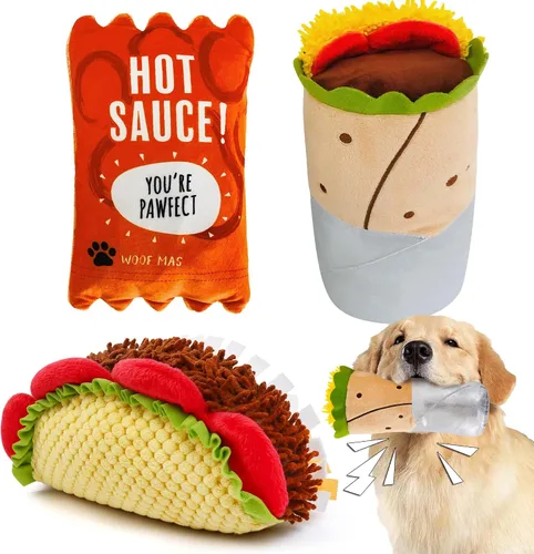 Prime Pets Juego de juguetes de peluche para perros, paquete de 3, juguetes chirriantes arrugados para perros, juguete para mascotas en forma de
