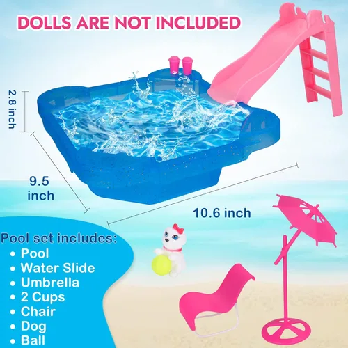 Miniatura 5 de BETTINA Juego de Piscina - Piscina Glamorosa con Tobogán, Accesorios de Piscina para Muñecas Incluye Silla de Playa, Sombrilla de Playa, Perro
