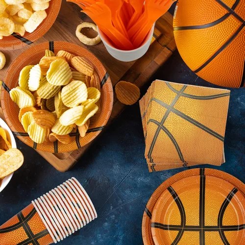 Miniatura 6 de durony Juego de vajilla de 144 piezas de platos de papel y servilletas de baloncesto, decoraciones de fiesta de cumpleaños, incluye platos de papel