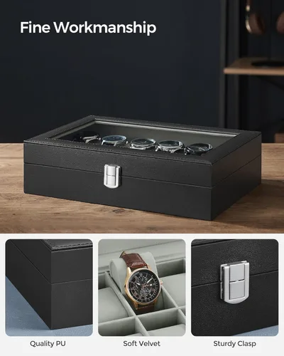 Miniatura 3 de SONGMICS Caja de reloj, caja de 12 ranuras con tapa de vidrio grande, almohadas de reloj extraíbles, regalo para seres queridos, cuero sintético