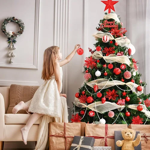 Miniatura 8 de Ktinnead Juego de 94 piezas de decoración para árbol de Navidad, adornos rojos inastillables para colgar en el árbol de Navidad con flores de pascua