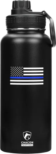 Botella de agua aislada, negro, acero inoxidable, 32 onzas, diseño de bandera estadounidense de línea azul fina, boca ancha