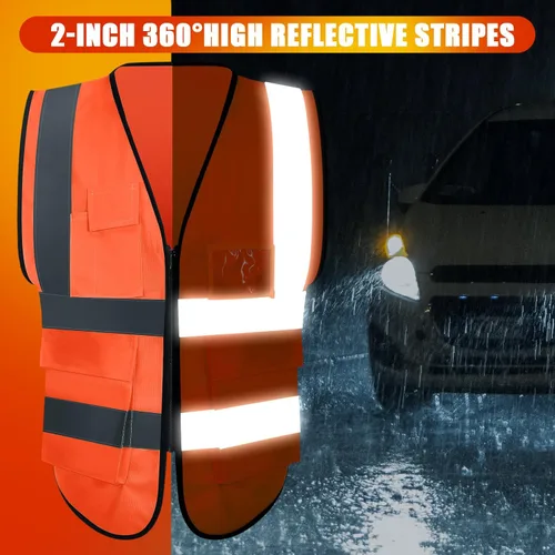 Miniatura 4 de Leumoi Paquete de 30 chalecos de seguridad reflectantes con bolsillos y cremallera de alta visibilidad para mujeres y hombres para el trabajo Naranja