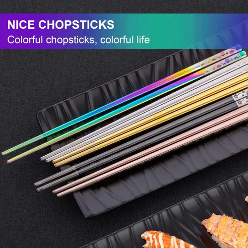 Miniatura 6 de FOFAYU Palillos de metal reutilizables, 5 pares de palillos de acero inoxidable multicolor, aptos para lavavajillas, cuadrados, ligeros