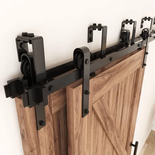 ZEKOO Kit de herrajes para puerta corredera de granero con doble riel bypass de 10 pies para 2 puertas, kit de riel de puerta de granero bypass,