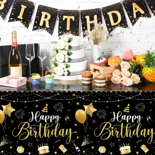 Miniatura 4 de Tudomro 3 piezas de manteles de feliz cumpleaños, manteles de plástico para decoración de fiesta de cumpleaños, paños rectangulares para baby Negro