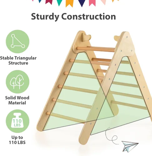 Miniatura 5 de OLAKIDS Juego de triángulo Pikler 2 en 1 juguetes de escalada para niños pequeños Gimnasio de selva plegable de madera Montessori con rampa
