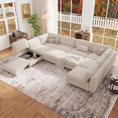 Miniatura 21 de 95.5" Sofá seccional modular de chenilla con almacenamiento oculto, sofá cama convertible en forma de L y U, sofá seccional moderno de 6 plazas