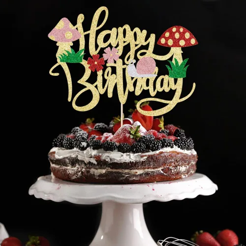 Kaoenla Decoración para tartas de hongos con purpurina, hongos y flores en primavera, el tema, decoraciones de feliz cumpleaños para niñas y niños