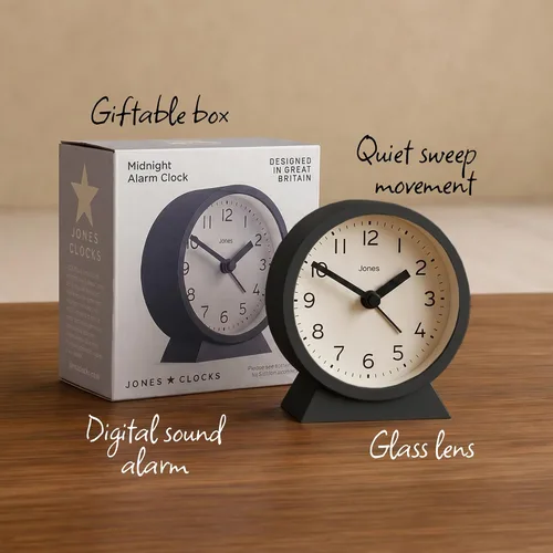 Miniatura 3 de JONES CLOCKS Mini reloj despertador Midnight Diseño contemporáneo Negro Elegante, compacto y funcional para mesita de noche, escritorio