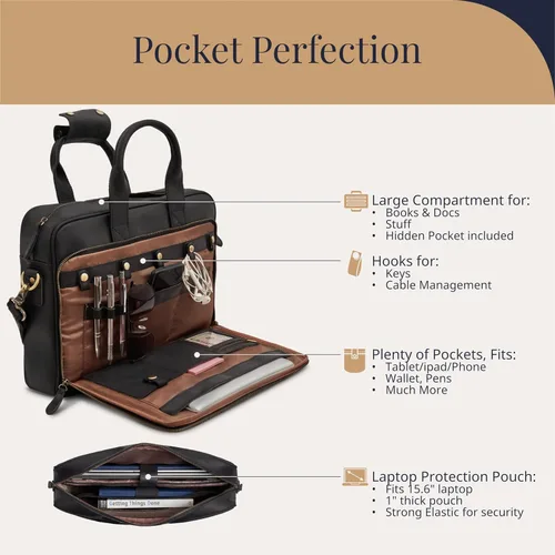 Miniatura 5 de Luxorro Maletín de cuero de grano completo para hombre, bolsa para laptop con compartimento de cuero para computadora Negro
