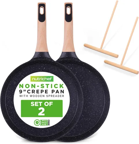 Miniatura 11 de NutriChef Juego de 2 sartenes antiadherentes para crepé, sartenes Dosa recubiertas de mármol de 11 pulgadas con esparcidores de madera, baquelita