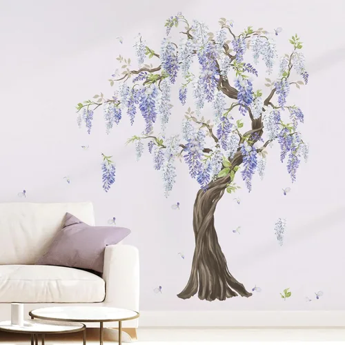 wondever Pegatinas de pared de árbol de flores moradas, diseño de glicina para colgar en árbol grande, calcomanías de arte de pared para dormitorio,