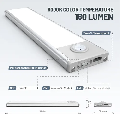 Miniatura 5 de Paquete de 6 luces inalámbricas para debajo del gabinete, 32 luces LED recargables con sensor de movimiento para interiores, luces magnéticas Luz