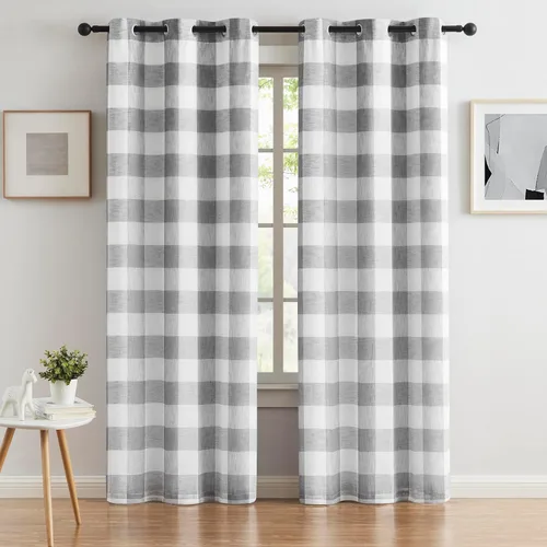 Miniatura 14 de Cortinas cortas de lino texturizado con diseño de búfalo blanco y negro a cuadros, 100% opacas con forro, paneles de estilo granja