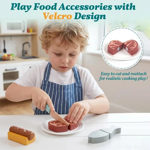 Miniatura 5 de WOODENFUN Microondas de juguete de madera para niños, juego de cocina con luz y sonido, accesorios de cocina de juego de simulación, juguete
