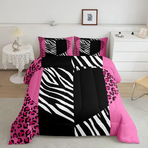 Miniatura 23 de Juego de edredón Manfei Leopardo Rosa Tamaño Individual, Juego de ropa de cama con estampado de cebra negro y blanco 2 piezas para decoración
