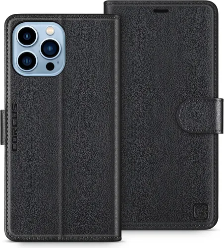 Miniatura 10 de Funda tipo cartera para iPhone 13 Pro Max de 6.7 pulgadas, con bloqueo RFID, tarjeteros, función atril, cierre magnético, de piel sintética, Coñac