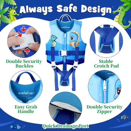 Miniatura 3 de Chaleco de natación para niños, flotadores para niños pequeños con correa de seguridad ajustable, ayudas de natación, flotador infantil, traje