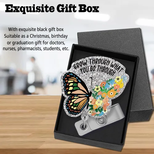 Miniatura 5 de Carrete retráctil de insignia con purpurina Grow Through What You Go Through con clip de cocodrilo, divertido soporte de insignia inspirador, regalo