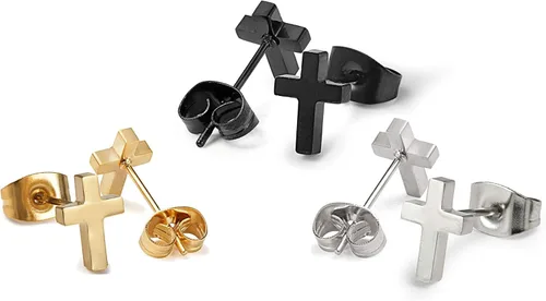 Miniatura 3 de FUNRUN JEWELRY Juego de aretes cruzados de acero inoxidable negro para mujer, 3 pares, Titanio Acero inoxidable Acero aleado