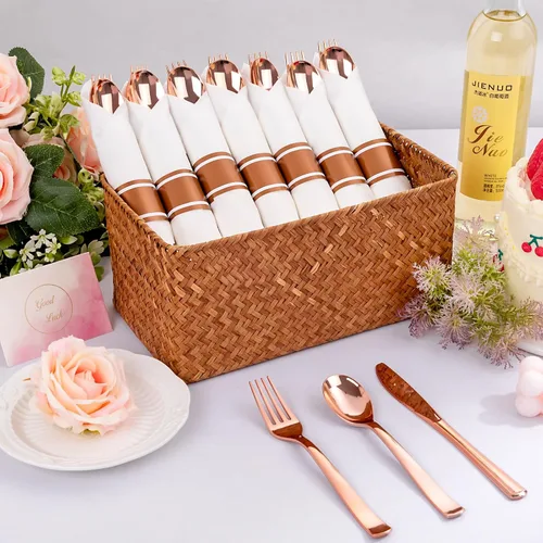 Miniatura 4 de Juego de 400 cubiertos de plástico de oro rosa preenrollado, cubiertos de oro rosa resistente, incluye 100 utensilios desechables envueltos con Oro