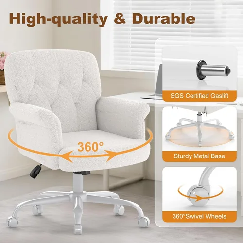 Miniatura 4 de Comfy - Silla de escritorio para oficina en casa, silla de tocador tapizada con ruedas y brazos, moderno asiento giratorio ajustable