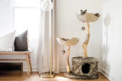 Miniatura 2 de Torre de Árbol para Gatos Moderna, Condominio de Lujo con Ramas Reales, Torre de Gatos de Madera, Árbol para Rascar Gatos, Condominio para Gatos